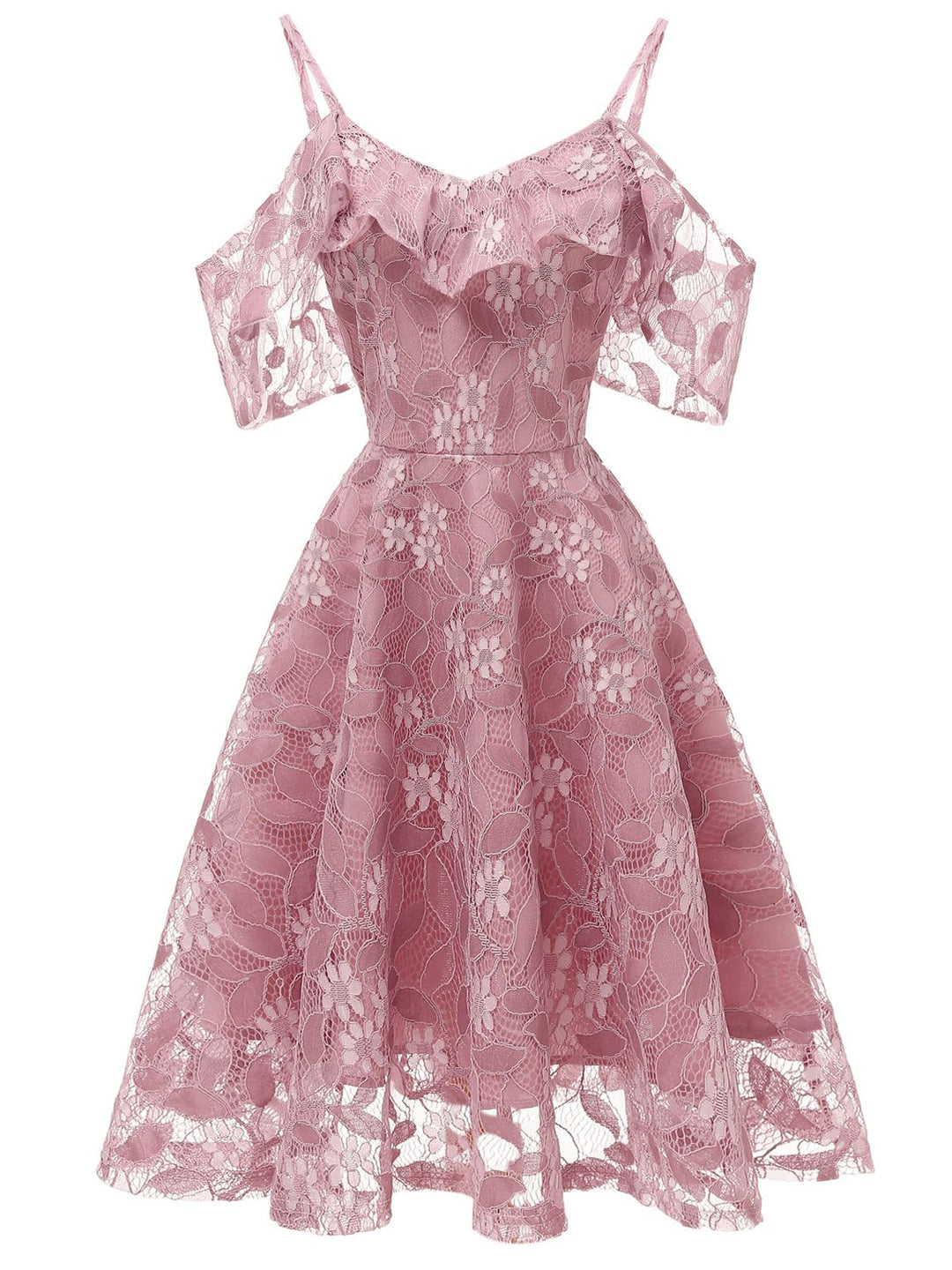 1950s Lace Cold Shoulder Ruffle Dress, classic 1950s style elegant retro fashion - Image 12