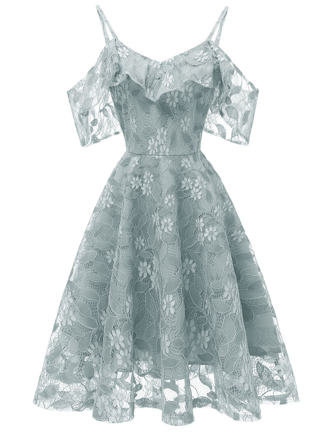 1950s Lace Cold Shoulder Ruffle Dress, classic 1950s style elegant retro fashion - Image 2