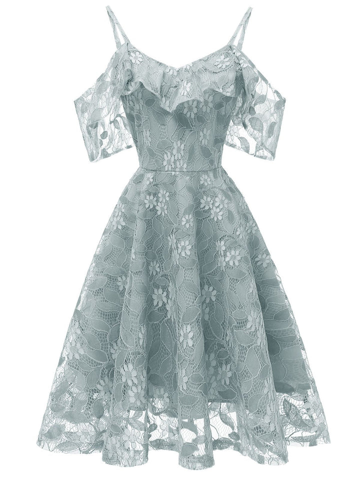 1950s Lace Cold Shoulder Ruffle Dress, classic 1950s style elegant retro fashion - Image 2