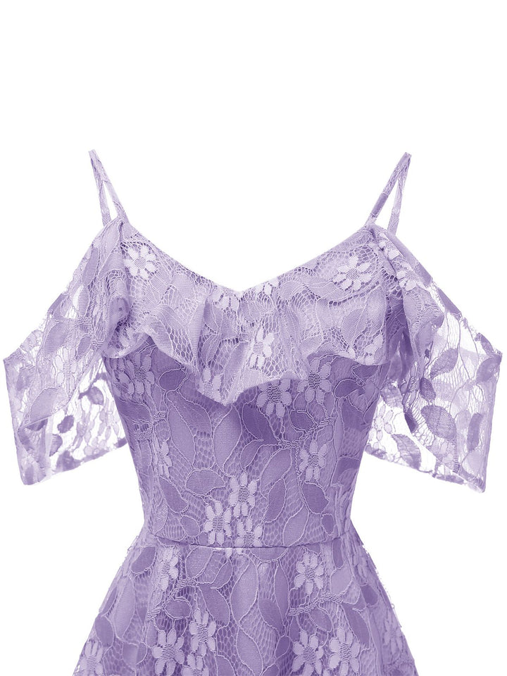 1950s Lace Cold Shoulder Ruffle Dress, classic 1950s style elegant retro fashion - Image 21