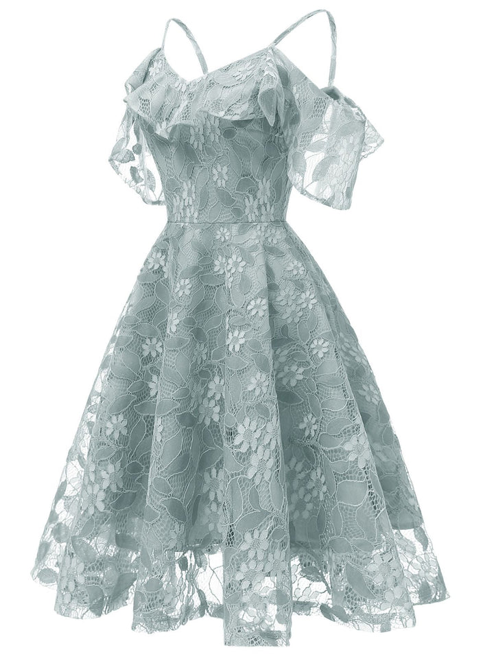 1950s Lace Cold Shoulder Ruffle Dress, classic 1950s style elegant retro fashion - Image 3