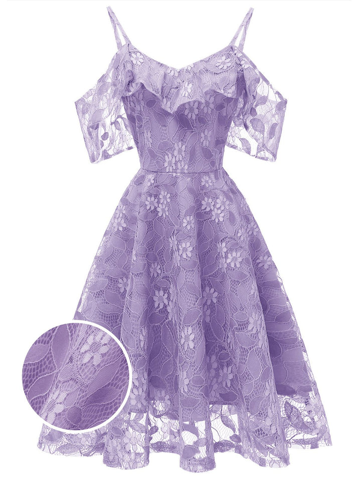 1950s Lace Cold Shoulder Ruffle Dress, classic vintage style elegant retro fashion - Image 45
