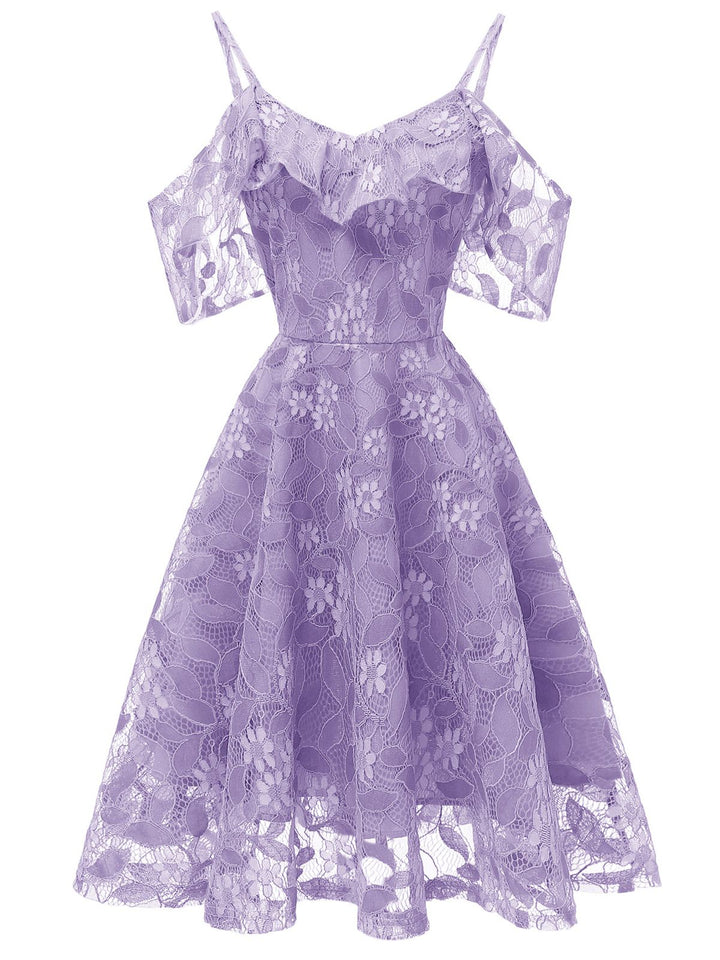 1950s Lace Cold Shoulder Ruffle Dress, classic vintage style elegant retro fashion - Image 46