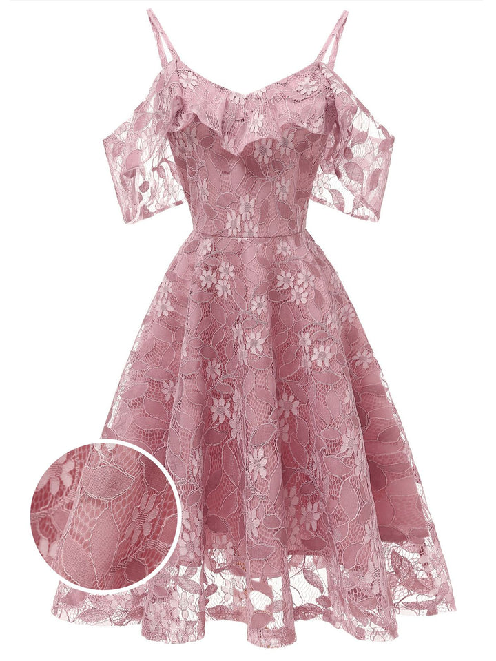 1950s Lace Cold Shoulder Ruffle Dress, classic vintage style elegant retro fashion - Image 51