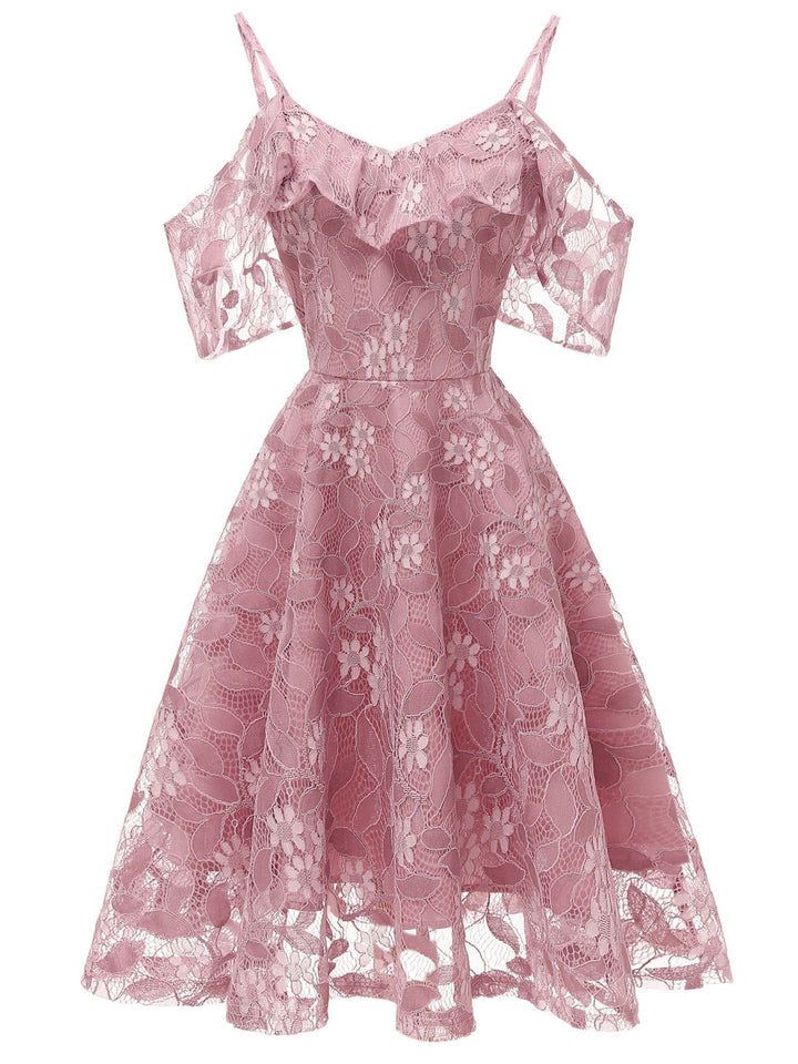 1950s Lace Cold Shoulder Ruffle Dress, classic vintage style elegant retro fashion - Image 55