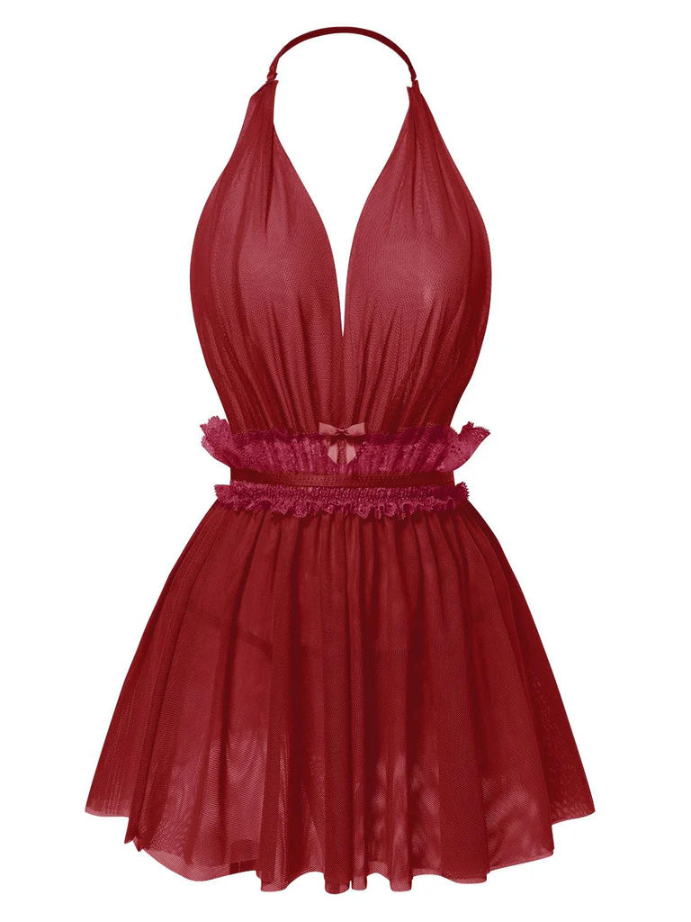 She slips into this Lace Mesh Deep V-Neck Halter Nightgown and suddenly it's a daydream