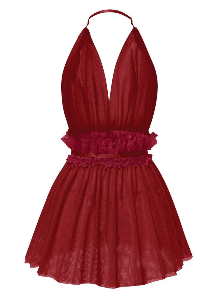 Lace Mesh Deep V-Neck Halter Nightgown: where romance meets her modern spirit