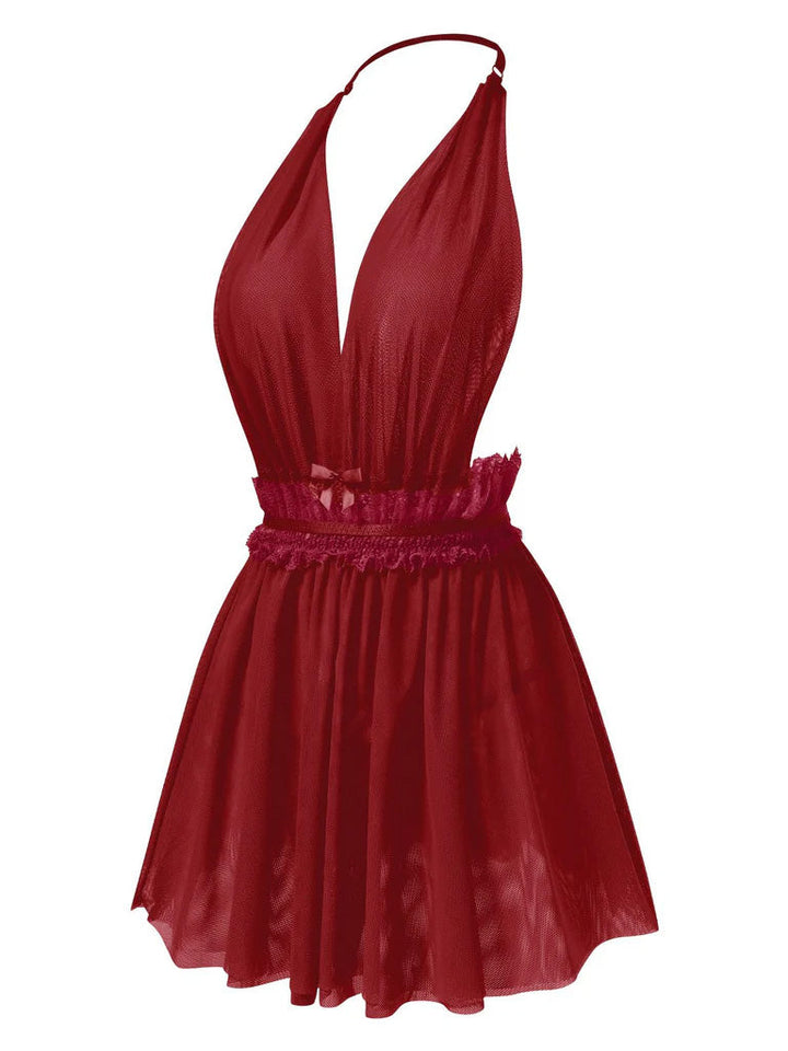 This Lace Mesh Deep V-Neck Halter Nightgown wraps her in elegance, one twirl at a time
