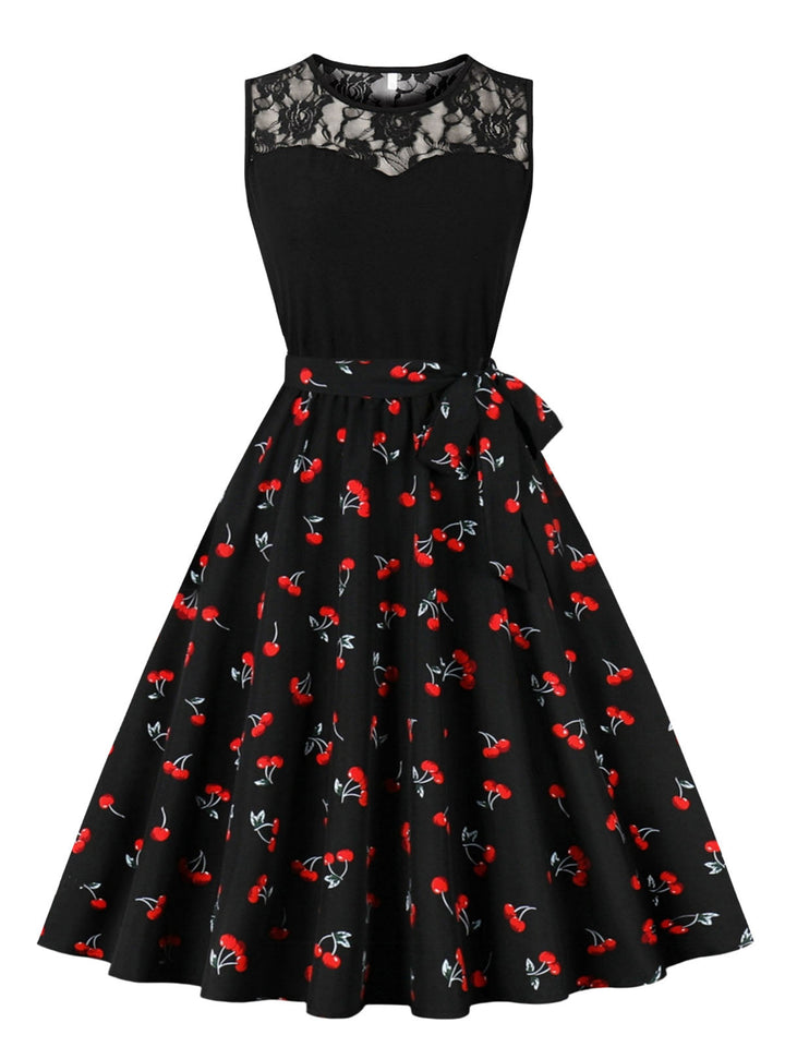 She slips into this 1950s Lace Patchwork Cherry Floral Sleeveless Dress and suddenly it&