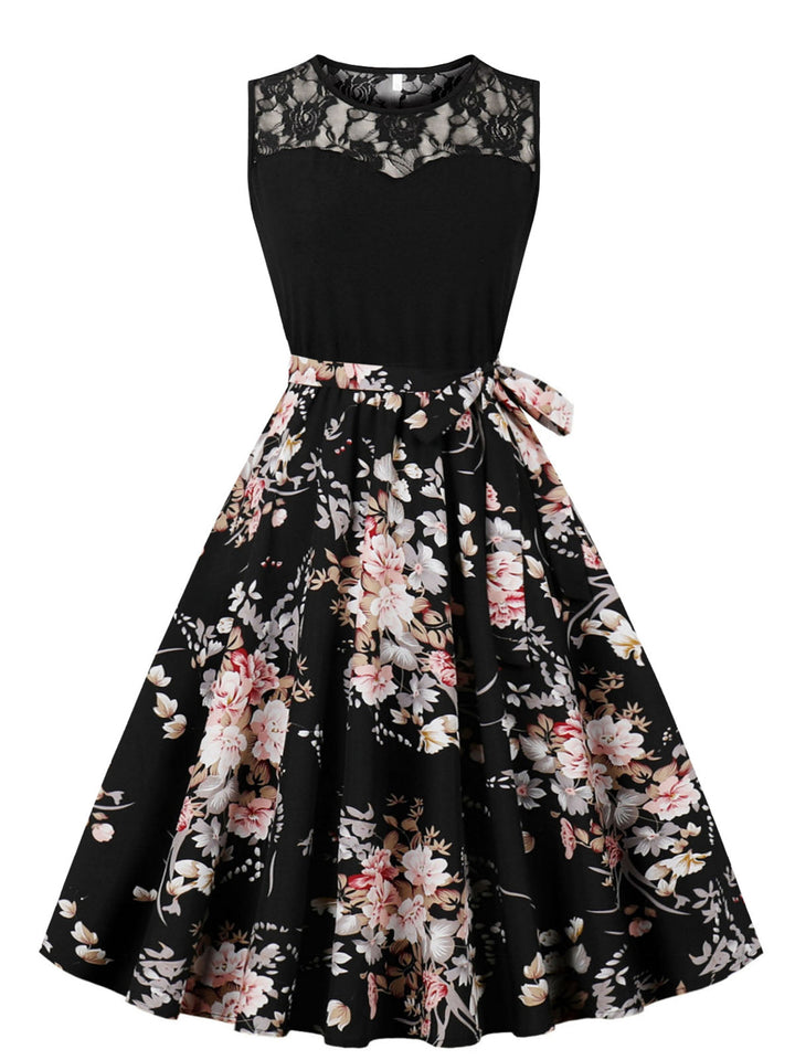 This 1950s Lace Patchwork Cherry Floral Sleeveless Dress wraps her in 1950s elegance, one twirl at a time
