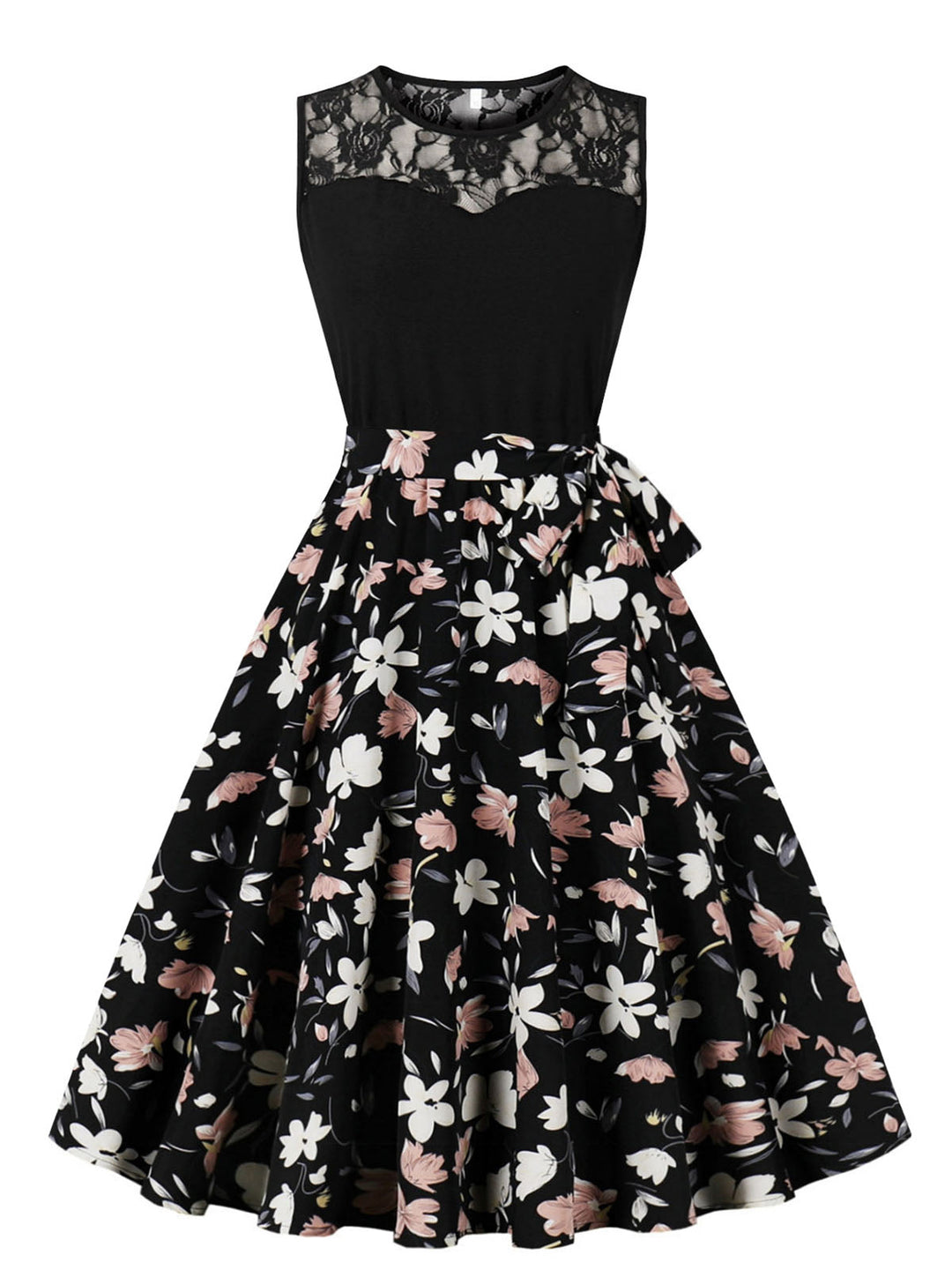 1950s Lace Patchwork Cherry Floral Sleeveless Dress — a 1950s silhouette that turns sidewalks into runways