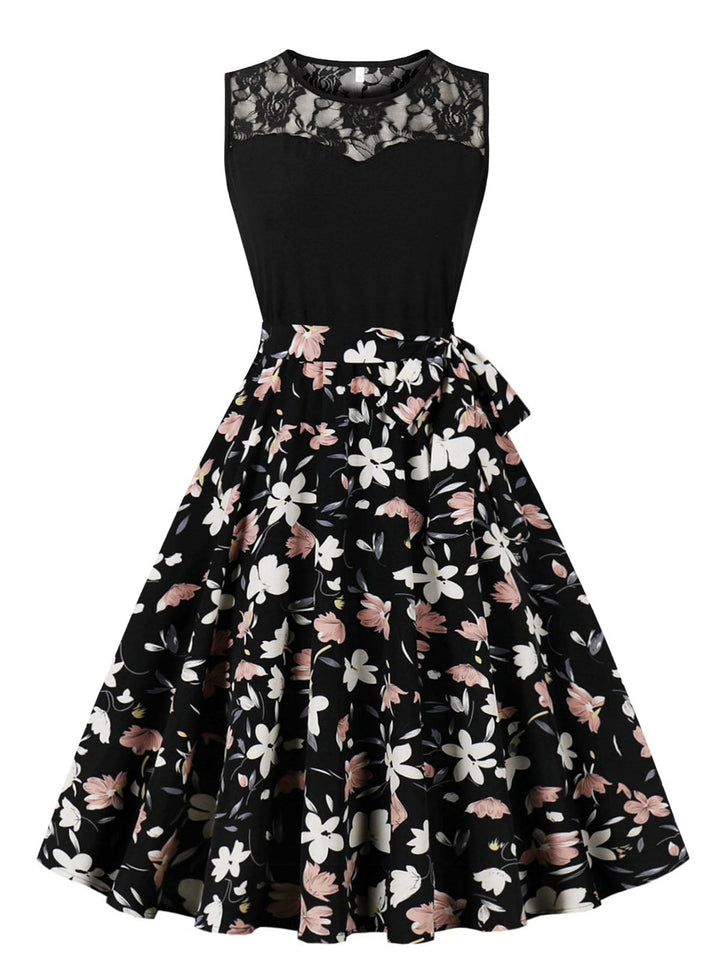 1950s Lace Patchwork Cherry Floral Sleeveless Dress — a 1950s silhouette that turns sidewalks into runways