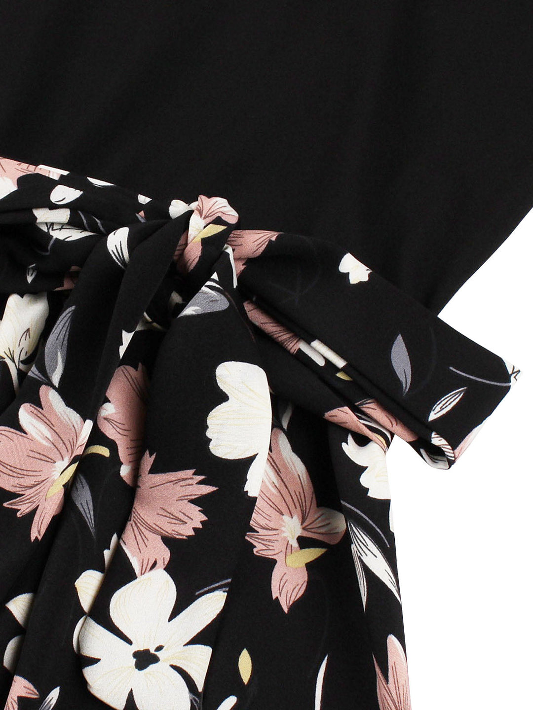 She slips into this 1950s Lace Patchwork Cherry Floral Sleeveless Dress and suddenly it&
