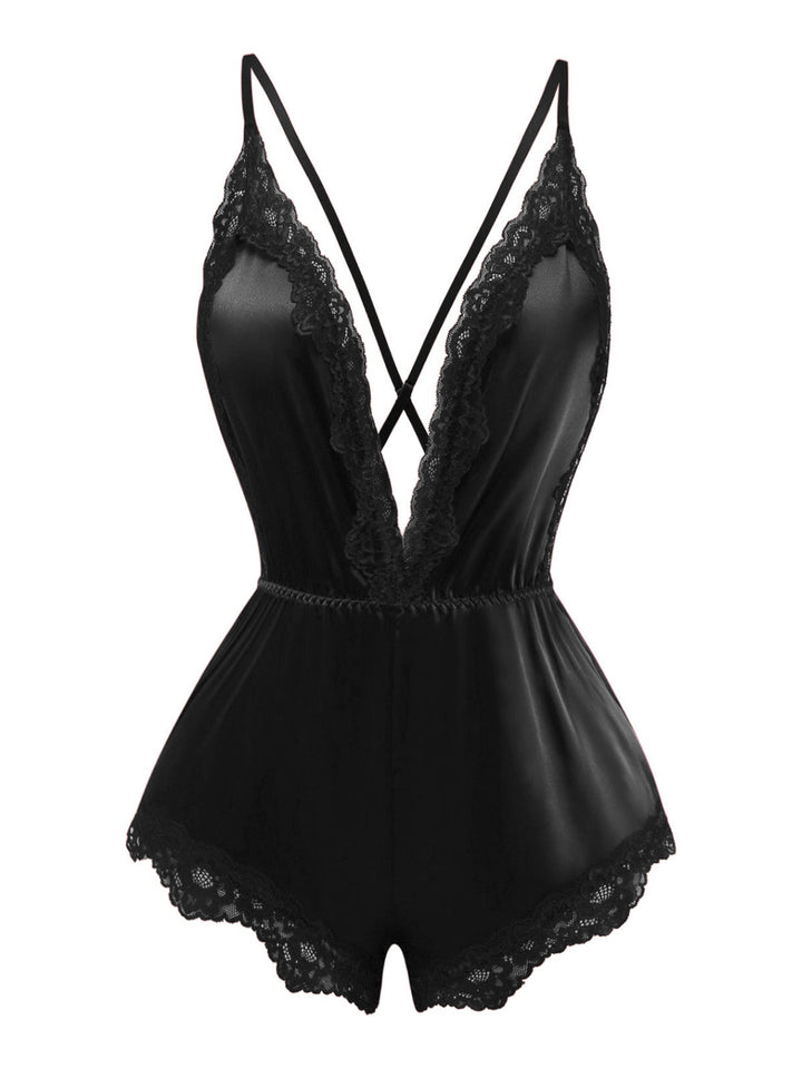Lace Satin Deep V Backless Sleep Romper - vintage jumpsuit, retro fashion