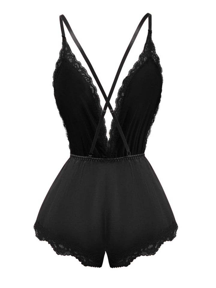 Lace Satin Deep V Backless Sleep Romper - vintage jumpsuit, retro fashion