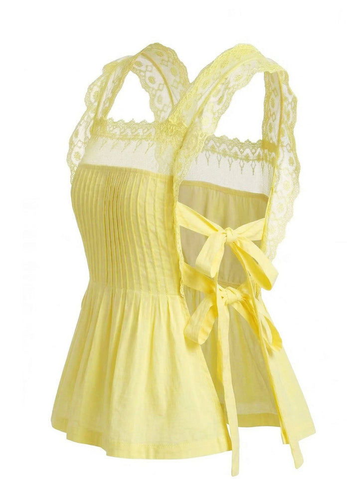 Lace-Trim Bows Pleated Babydoll Top, vintage top, retro blouse - perfect for women who love vintage and retro fashion