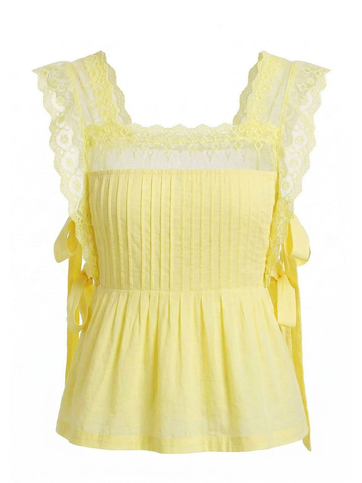 Lace-Trim Bows Pleated Babydoll Top, vintage top, retro blouse - perfect for women who love vintage and retro fashion