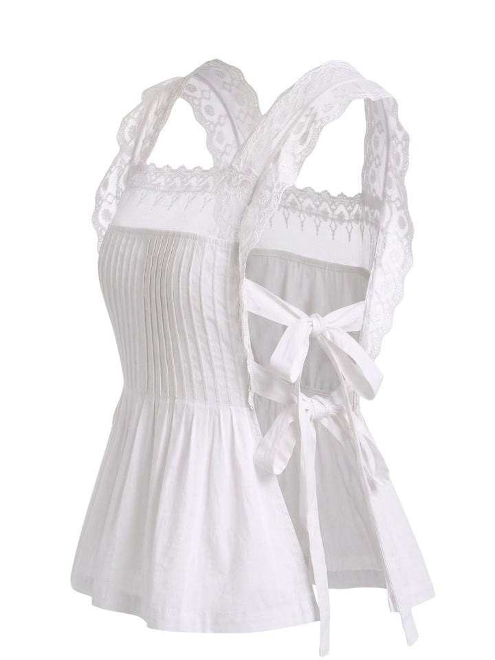 Lace-Trim Bows Pleated Babydoll Top, vintage top, retro blouse - perfect for women who love vintage and retro fashion