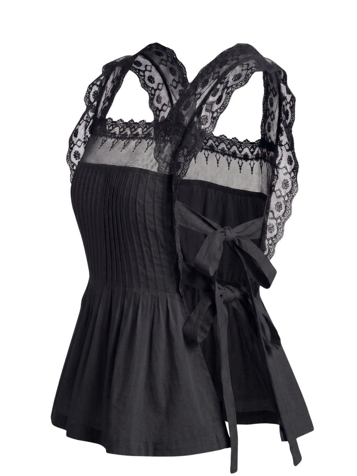 Lace-Trim Bows Pleated Babydoll Top, vintage top, retro blouse - perfect for women who love vintage and retro fashion