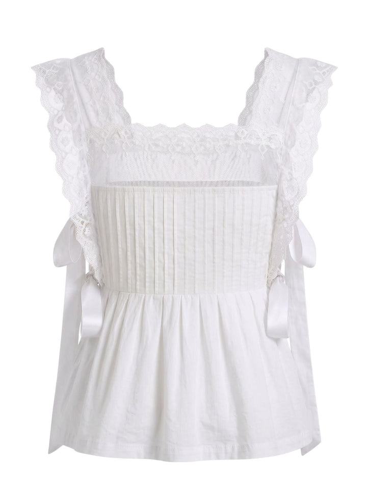Lace-Trim Bows Pleated Babydoll Top, vintage top, retro blouse - perfect for women who love vintage and retro fashion