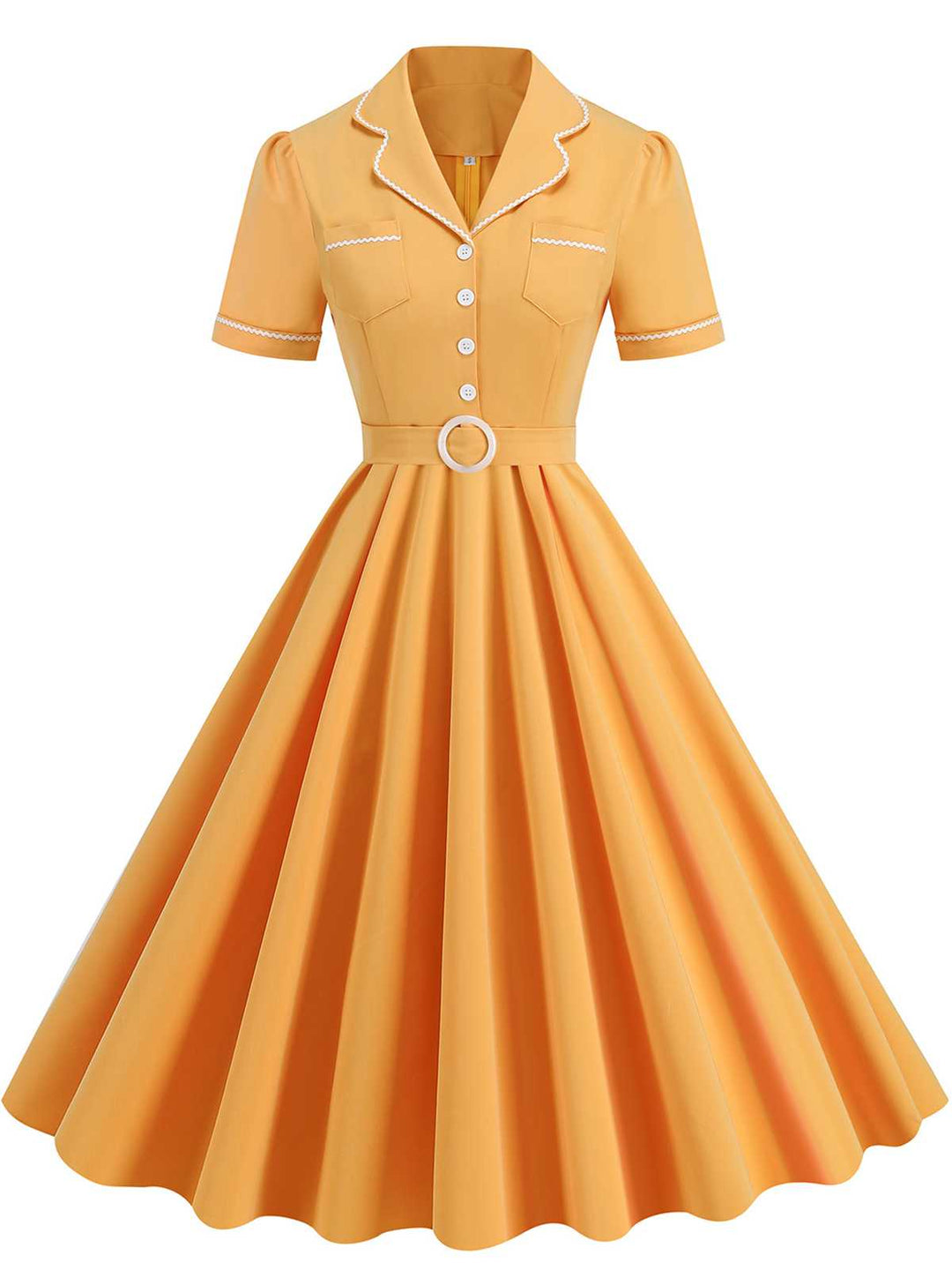 She slips into this 1950s Lapel Belted Solid Dress and suddenly it&