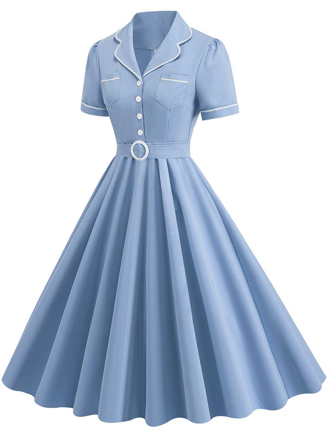 She slips into this 1950s Lapel Belted Solid Dress and suddenly it&