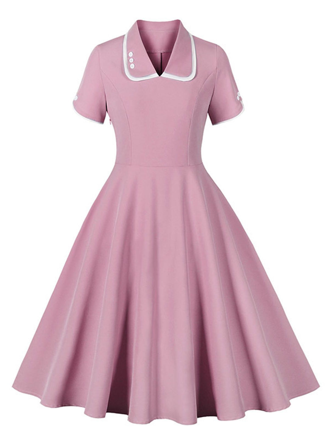 She slips into this 1950s Lapel Buttoned Short Sleeve Solid Dress and suddenly it&