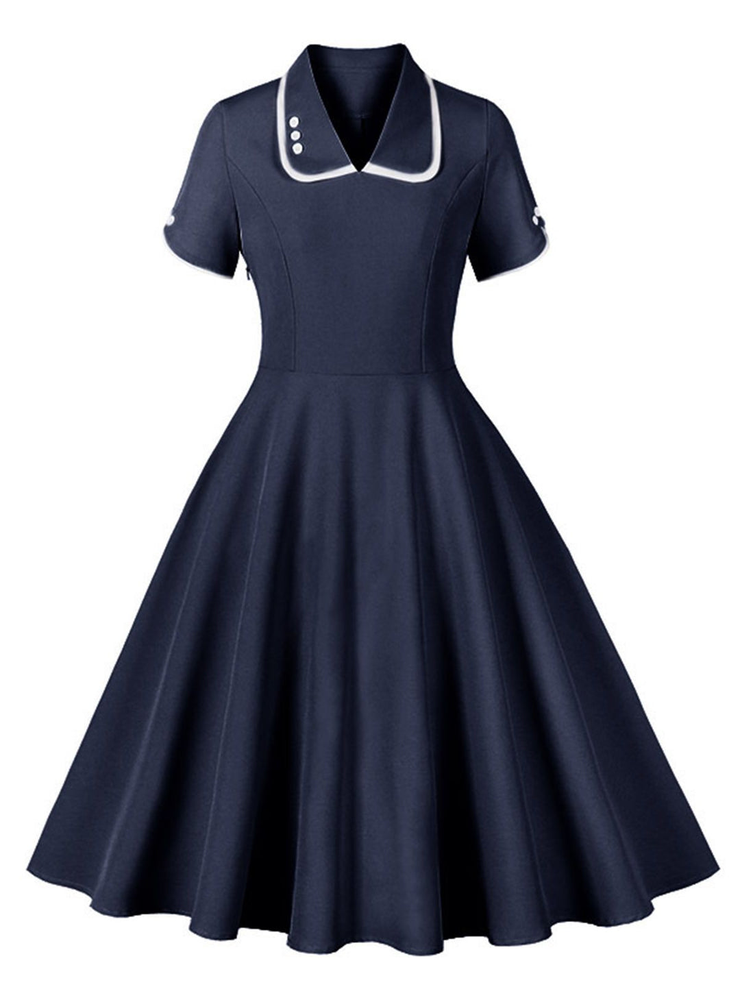 She slips into this 1950s Lapel Buttoned Short Sleeve Solid Dress and suddenly it&