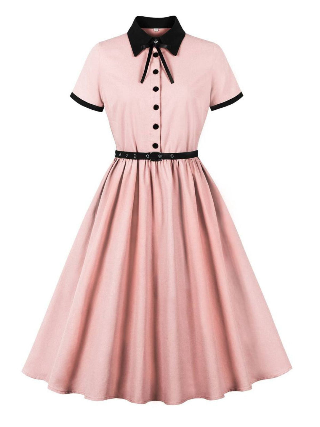 She slips into this 1950s Lapel Colorblock Swing Shirt Dress and suddenly it&