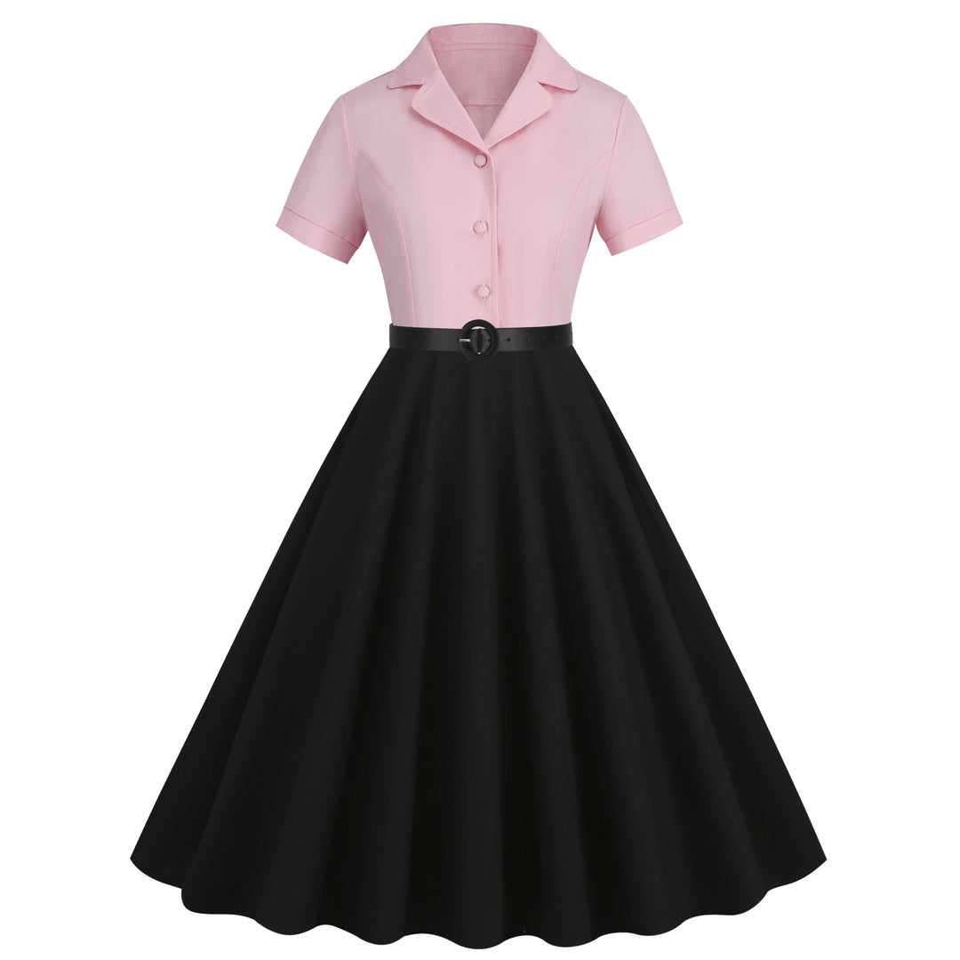 She slips into this 1950s Lapel Contrast Belted Dress and suddenly it&