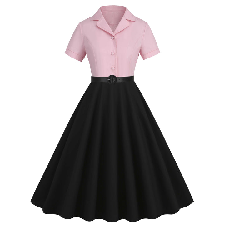 She slips into this 1950s Lapel Contrast Belted Dress and suddenly it&
