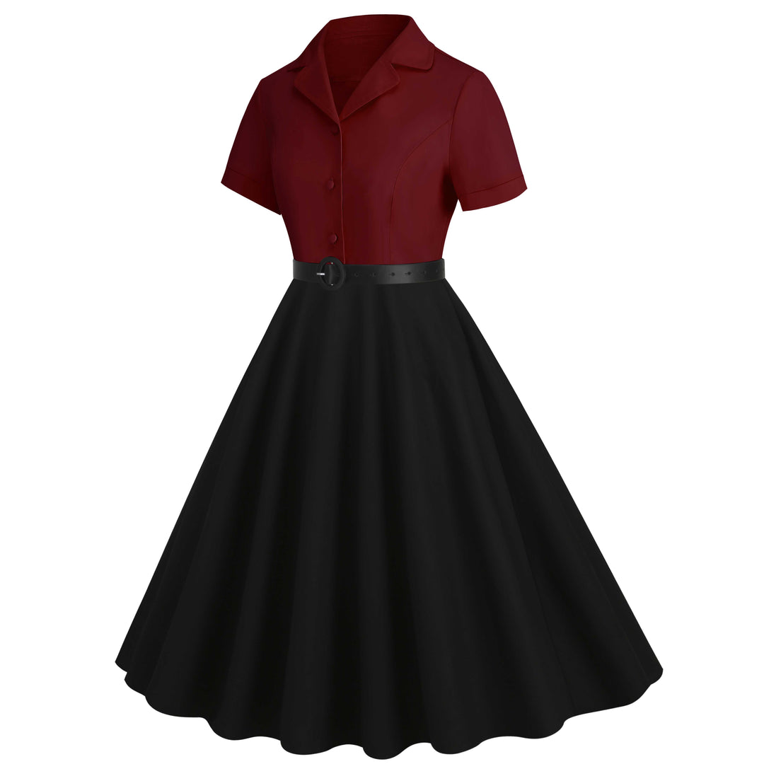 She slips into this 1950s Lapel Contrast Belted Dress and suddenly it&