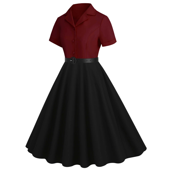She slips into this 1950s Lapel Contrast Belted Dress and suddenly it&