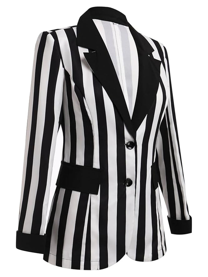 This 1950s Lapel Contrast Black &amp; White Stripes Blazer is her armor of 1950s elegance