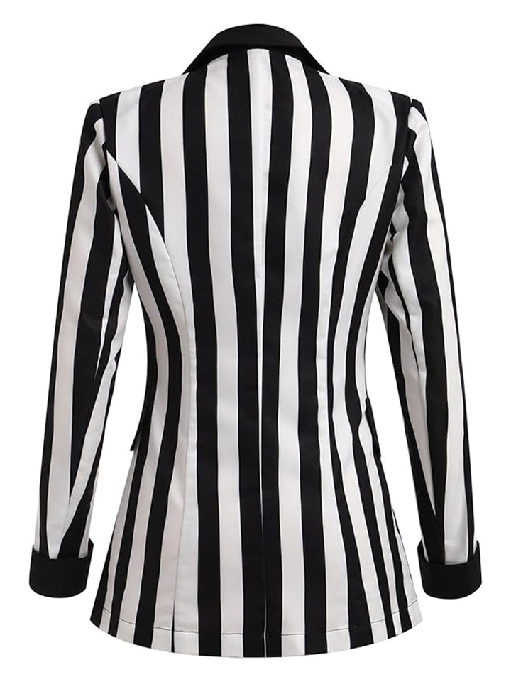 1950s Lapel Contrast Black &amp; White Stripes Blazer — 1950s style that speaks before she does