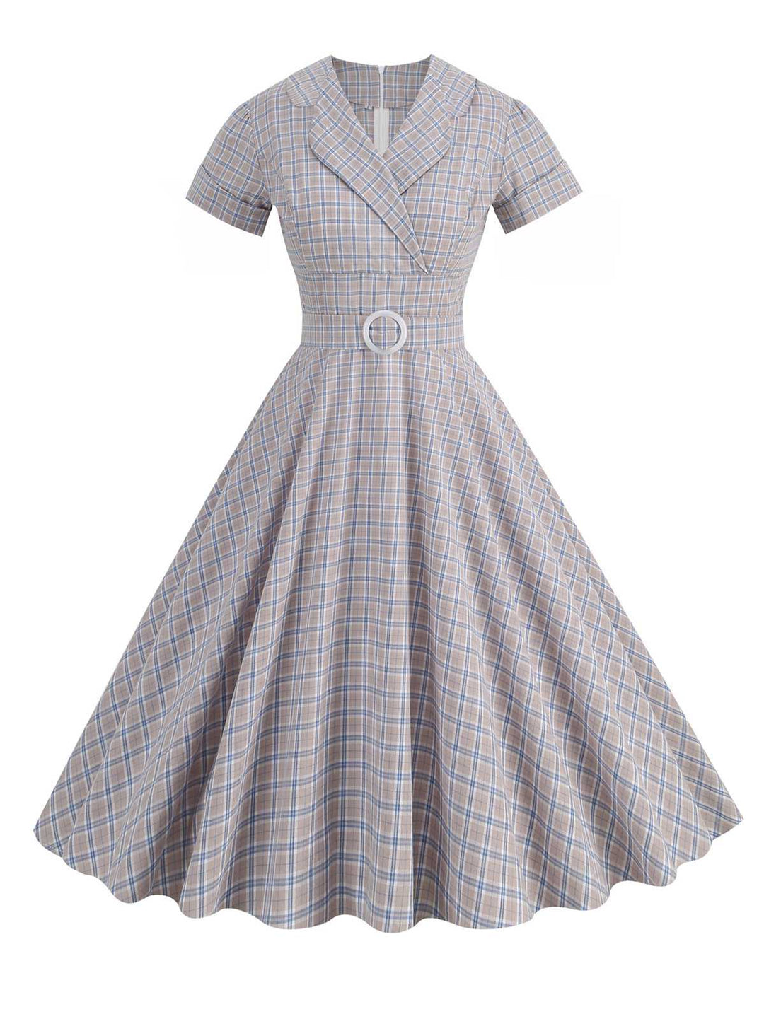 She slips into this 1950s Lapel Plaids Belted Dress and suddenly it&