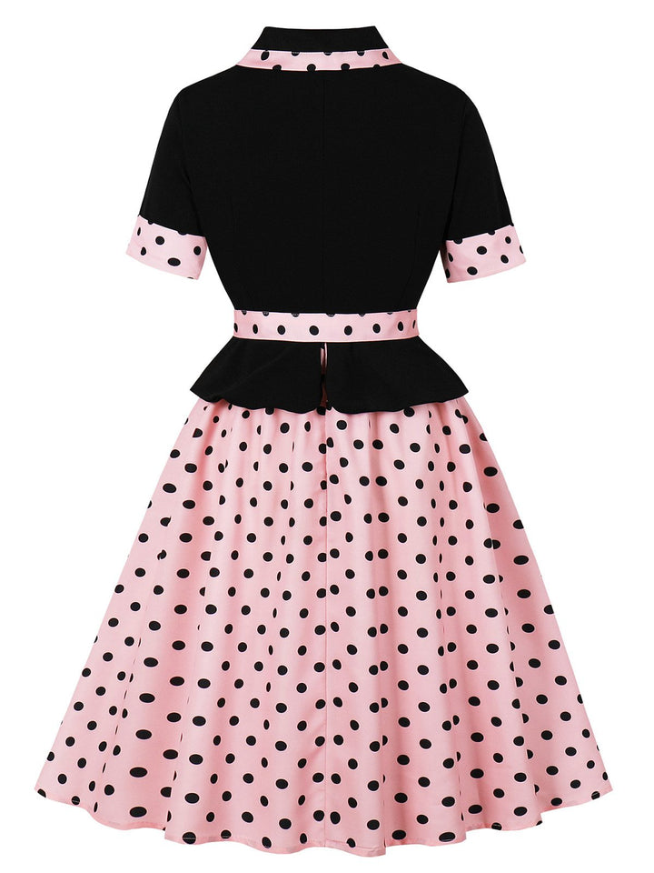 1950s Lapel Polka Dot Patchwork Swing Belted Dress - vintage dress, retro fashion, rockabilly