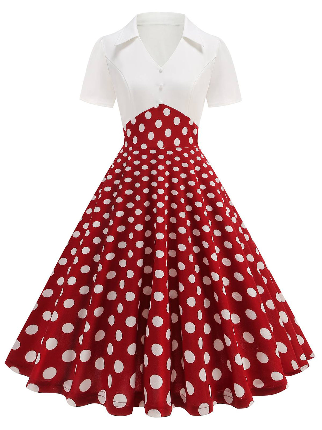She slips into this 1950s Lapel Polka Dots Patchwork Swing Dress and suddenly it&