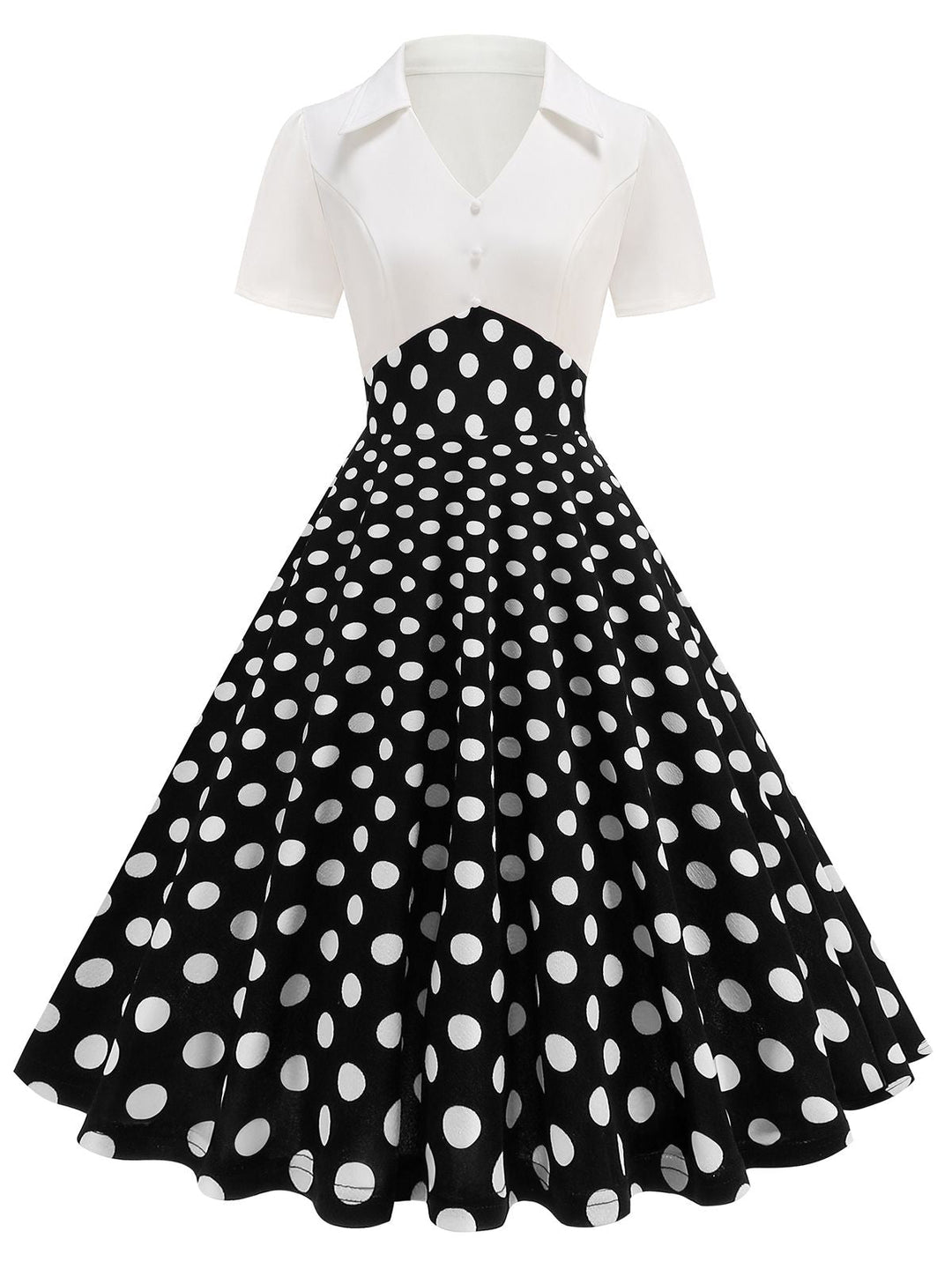 1950s Lapel Polka Dots Patchwork Swing Dress — a 1950s silhouette that turns sidewalks into runways