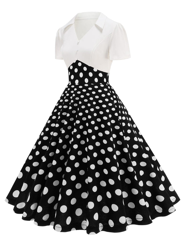 She slips into this 1950s Lapel Polka Dots Patchwork Swing Dress and suddenly it&