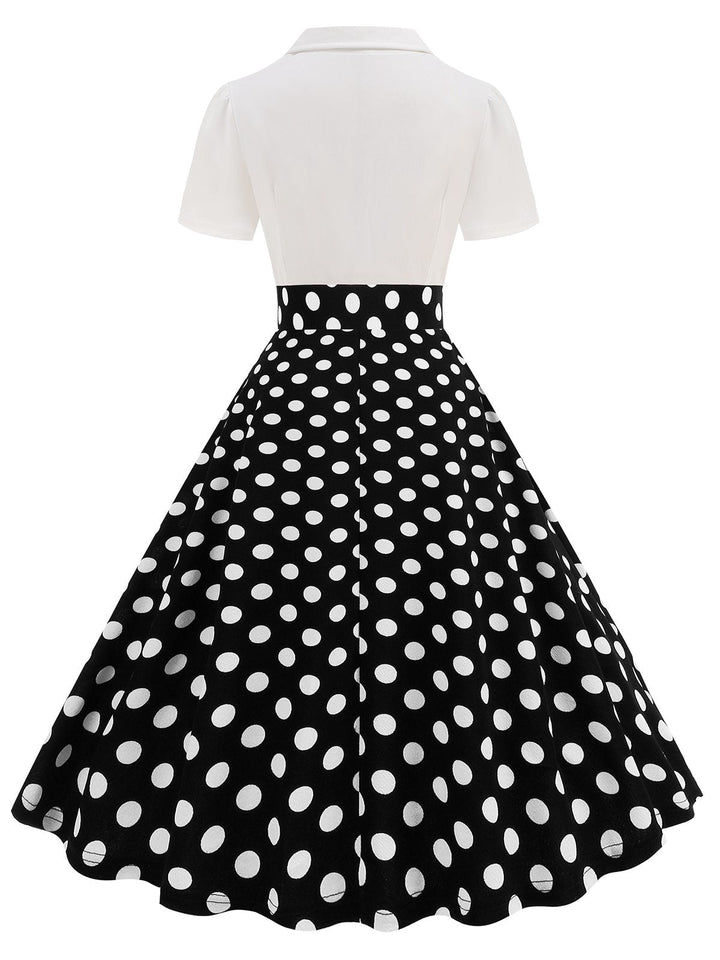 1950s Lapel Polka Dots Patchwork Swing Dress: where 1950s romance meets her modern spirit
