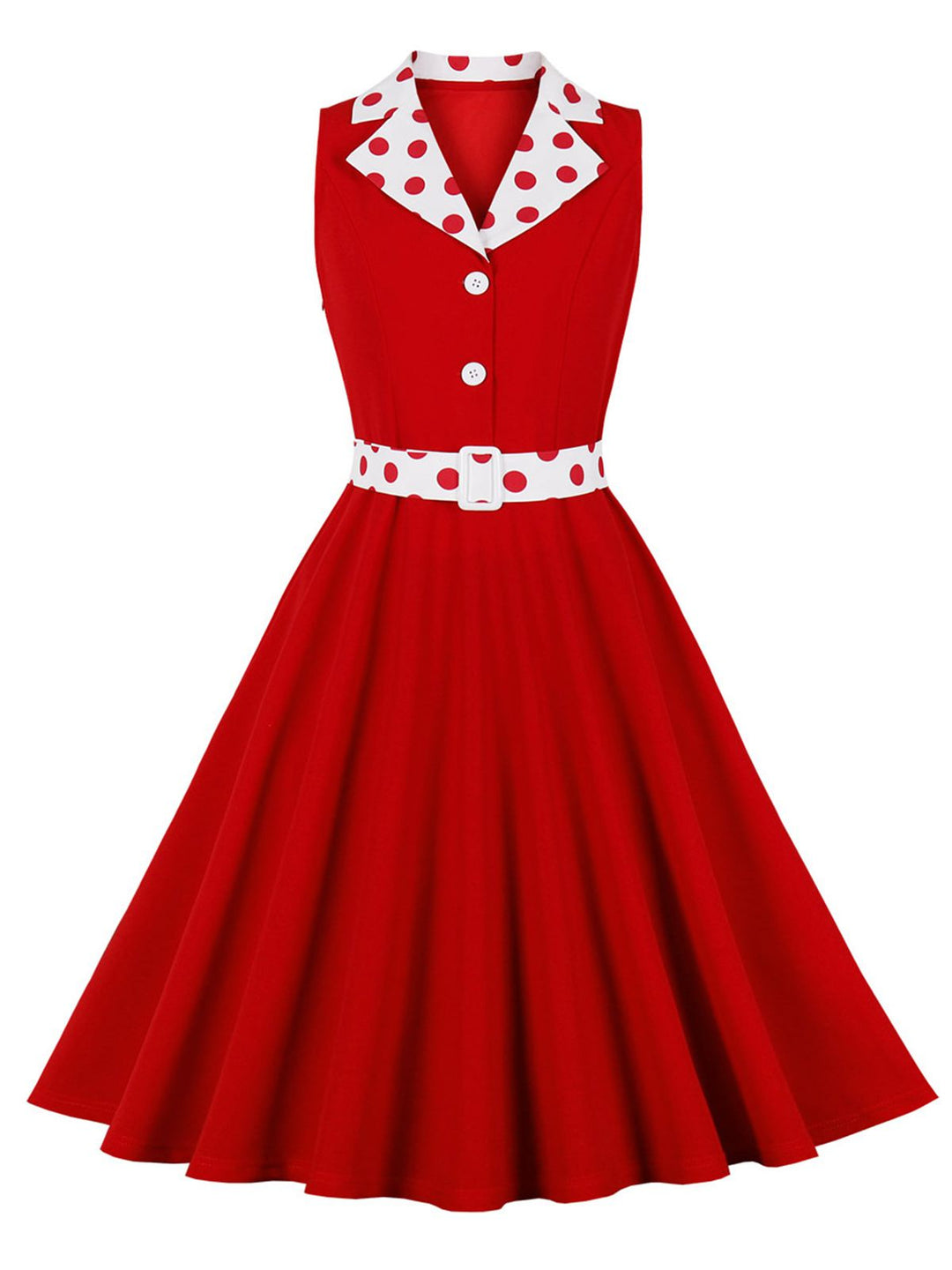 She slips into this 1950s Lapel Polka Dots Sleeveless Belted Dress and suddenly it&