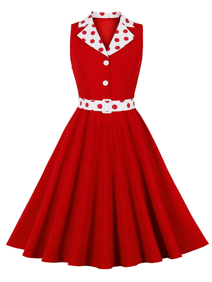 She slips into this 1950s Lapel Polka Dots Sleeveless Belted Dress and suddenly it&
