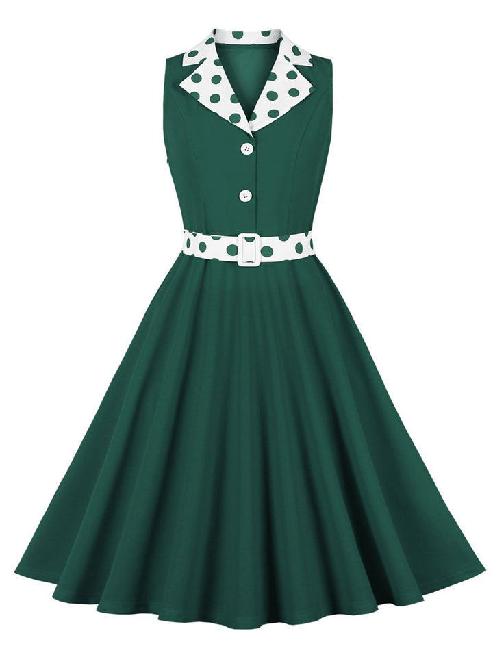 1950s Lapel Polka Dots Sleeveless Belted Dress, vintage dress, retro fashion, rockabilly, pin-up fashion - perfect for women who love vintage and retro fashion