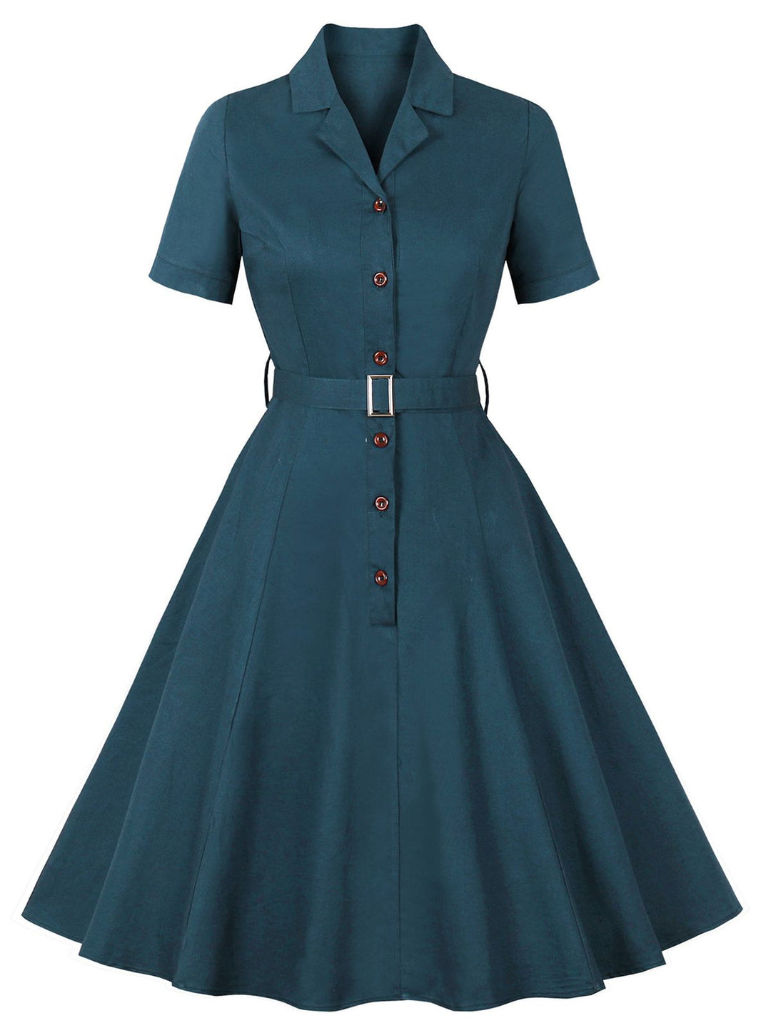 She slips into this 1950s Lapel Solid Buttons Belt Dress and suddenly it&