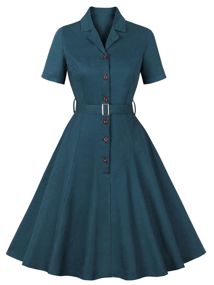 She slips into this 1950s Lapel Solid Buttons Belt Dress and suddenly it&