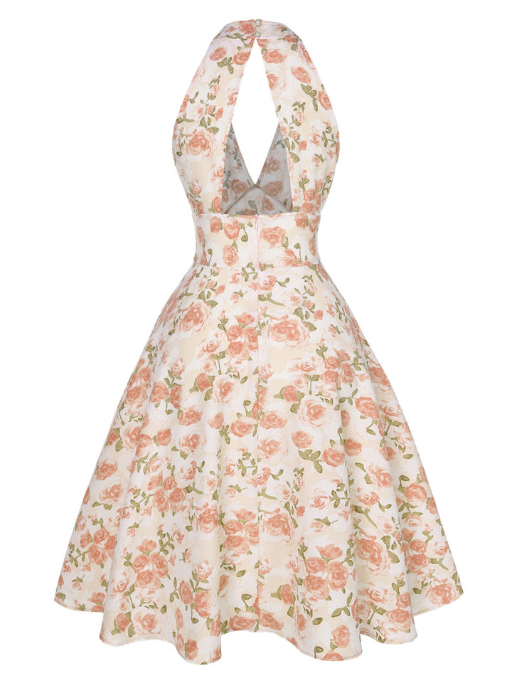 1950s-Lemon-Floral-Halter-V-Neck-Dress, vintage, retro, dress