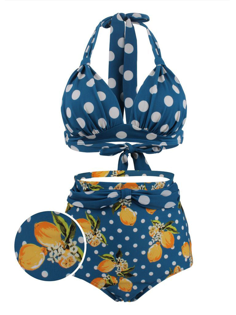 1950s Lemon Polka Dot Halter Bikini, classic 1950s style summer beach collection - Image 1