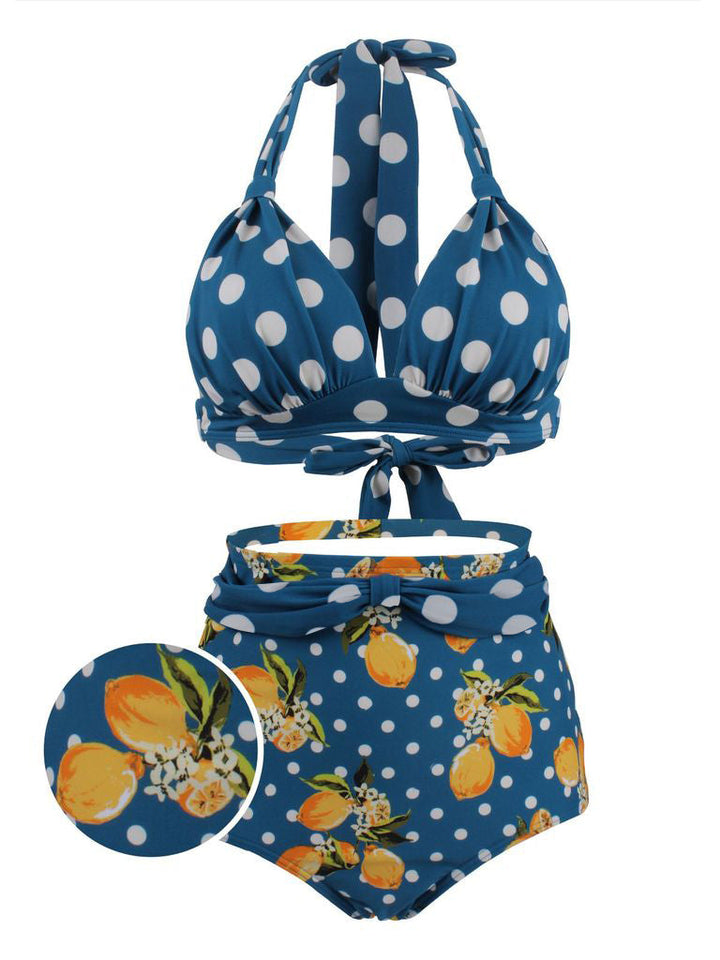 1950s Lemon Polka Dot Halter Bikini, classic 1950s style summer beach collection - Image 1