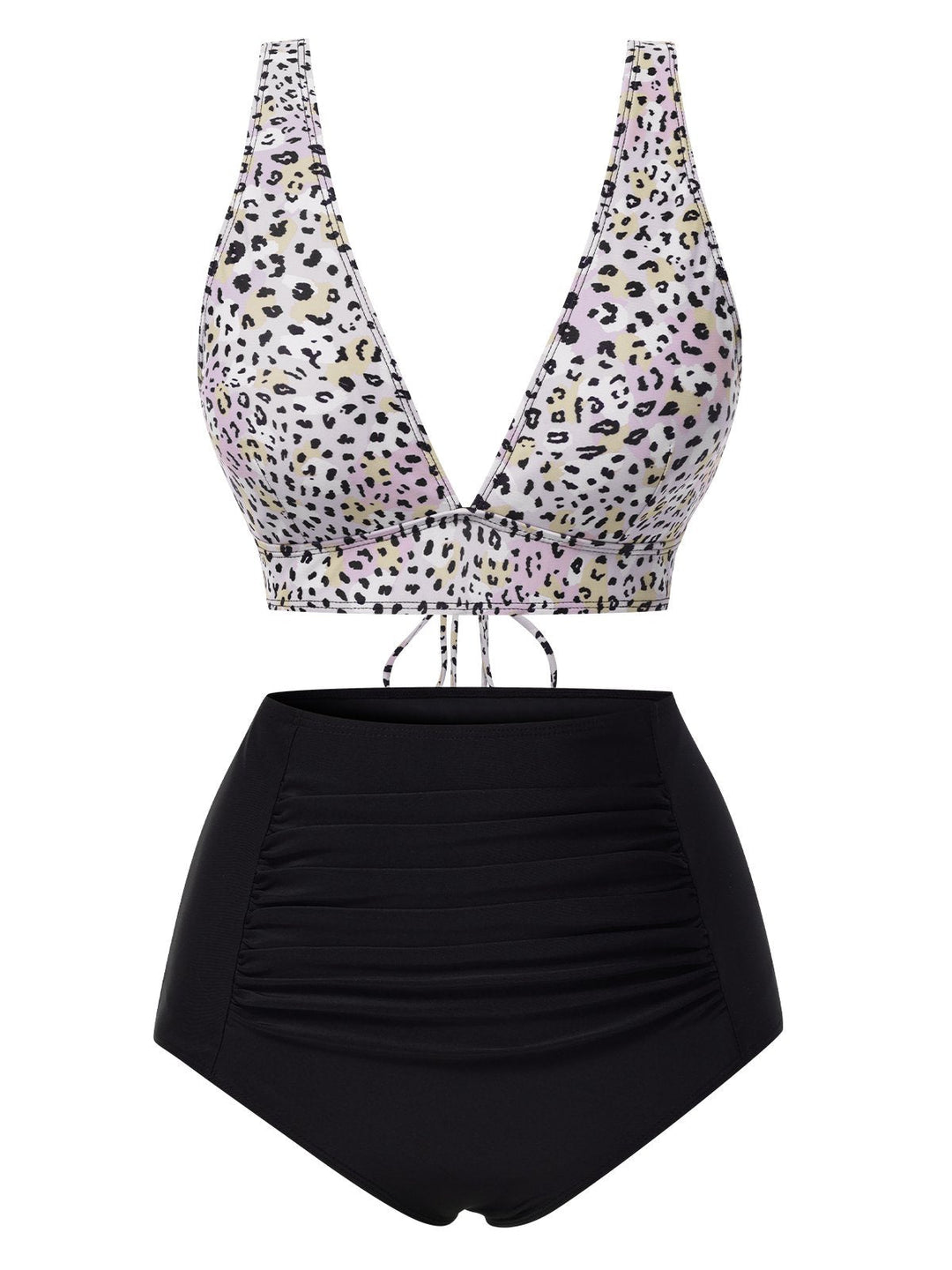 1950s Leopard Print Deep V-Neck Lace-Up Bikini Set, vintage swimsuit, pin-up swimwear - perfect for women who love vintage and retro fashion